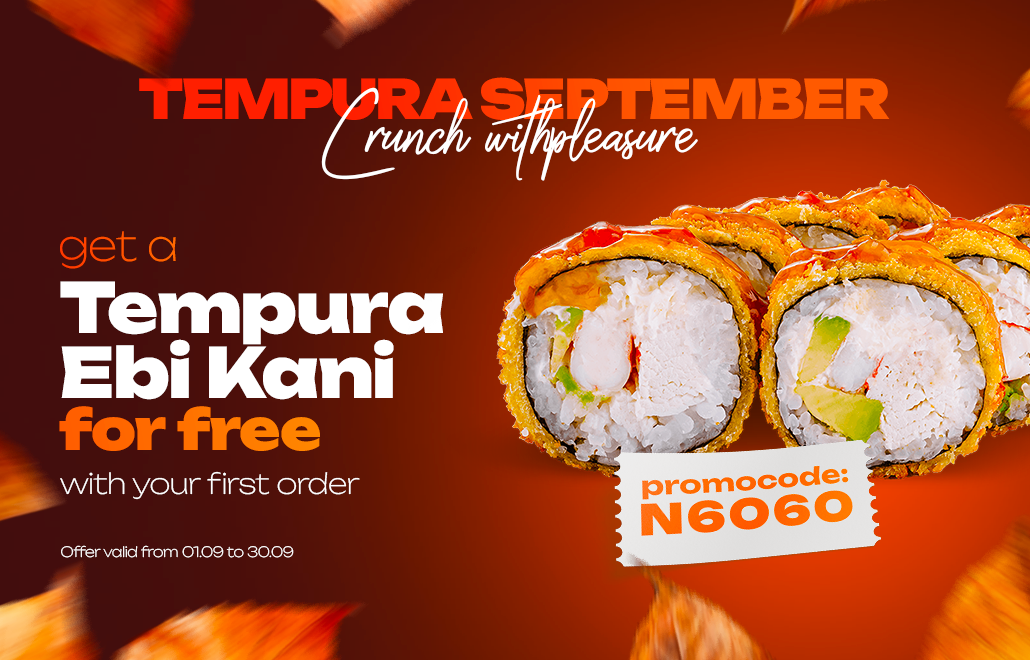 Promo banner – Free Tempura Ebi Kani roll with first order in Odesa